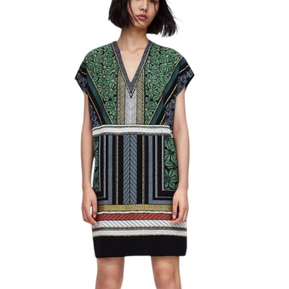 Zara Black Green Metallic Gold Geometric Textured Tunic Mini Dress - M